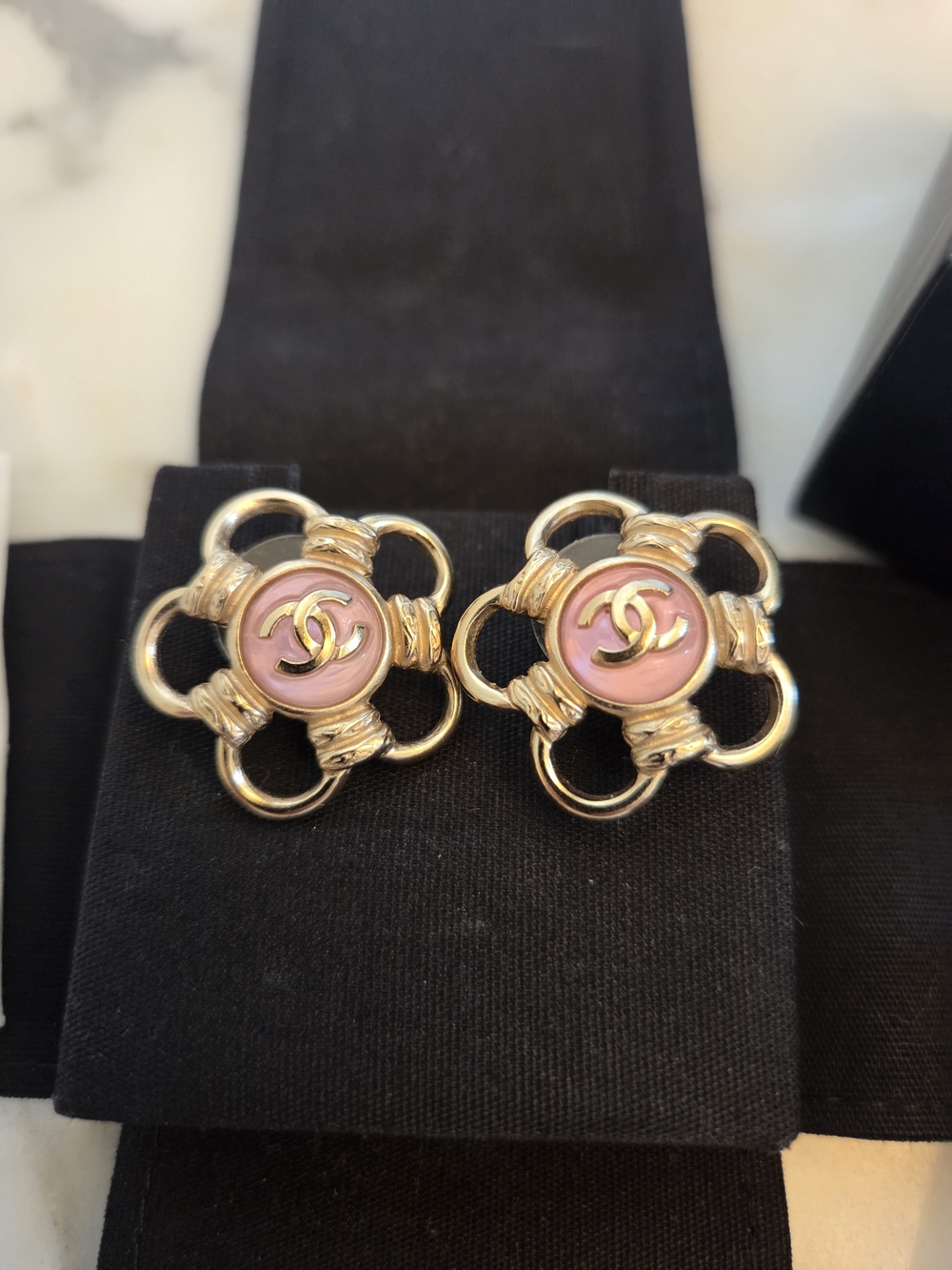CHANEL Pink Camellia Logo Gold-Tone Stud Earrings Opalesque Swirl Statement Stud - Picture 3 of 15
